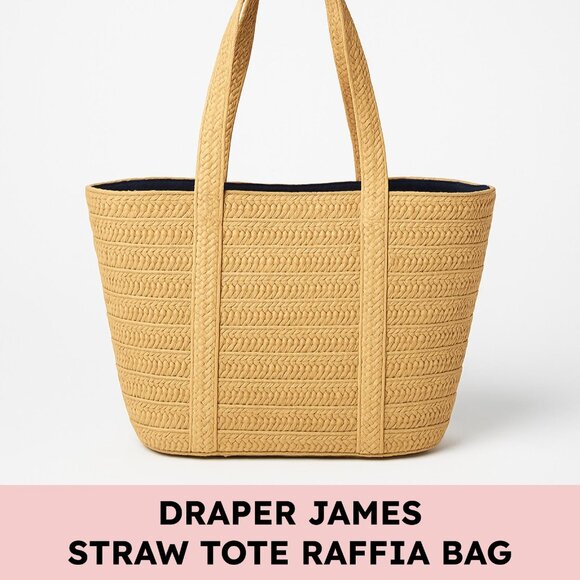 Draper James straw tote raffia shoulder bag navy lining natural tan - Picture 1 of 14